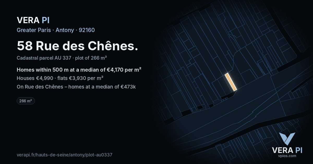 58 Rue des Chênes, Antony at night – the plot lit, the parcels around coloured by the prices near them