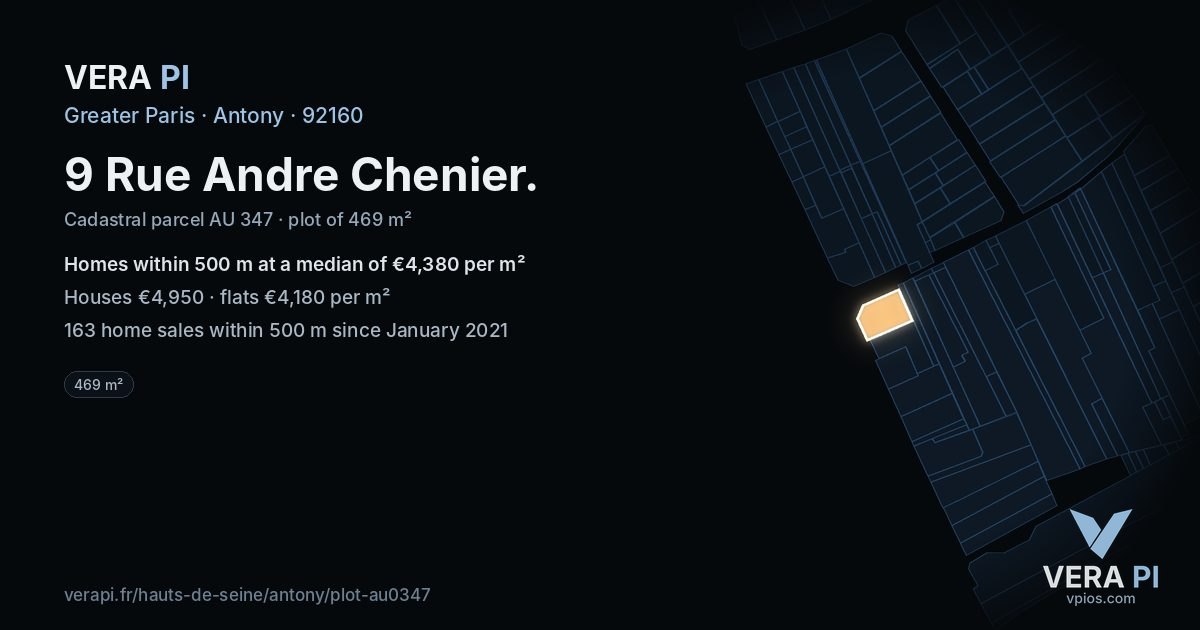 9 Rue Andre Chenier, Antony at night – the plot lit, the parcels around coloured by the prices near them