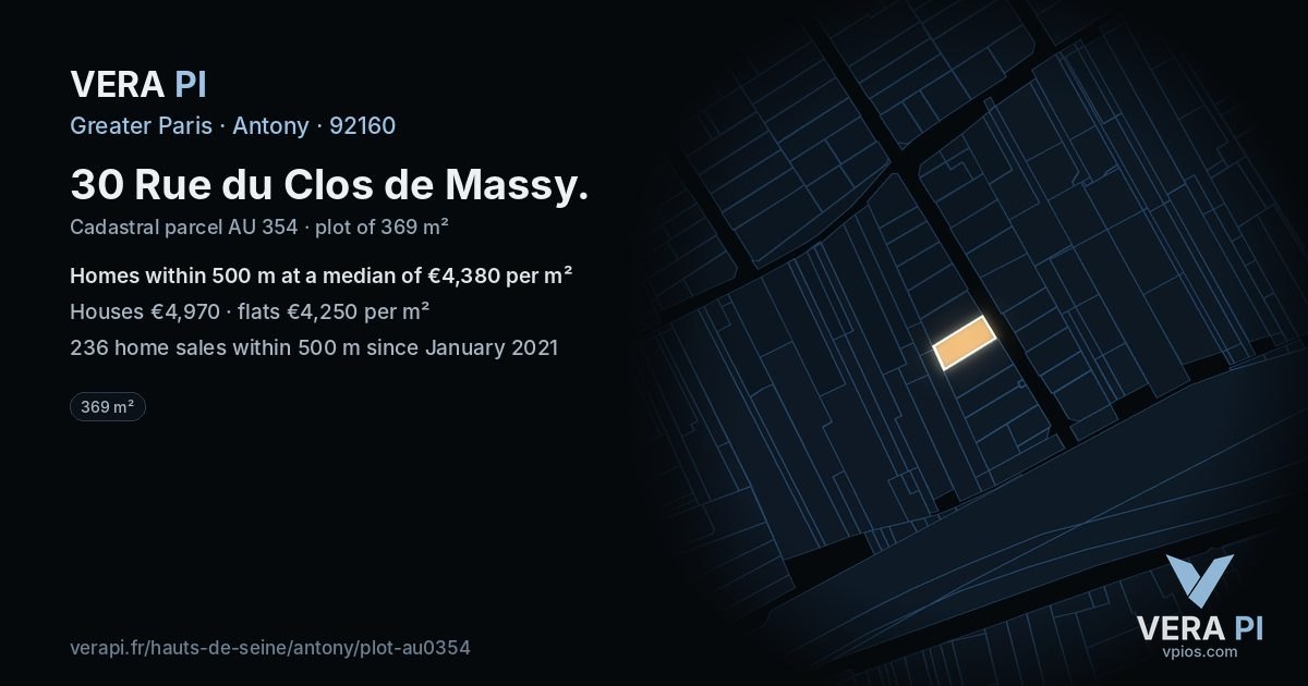 30 Rue du Clos de Massy, Antony at night – the plot lit, the parcels around coloured by the prices near them
