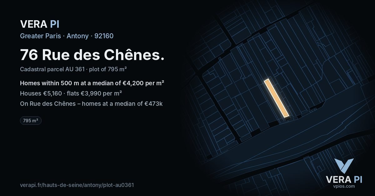 76 Rue des Chênes, Antony at night – the plot lit, the parcels around coloured by the prices near them