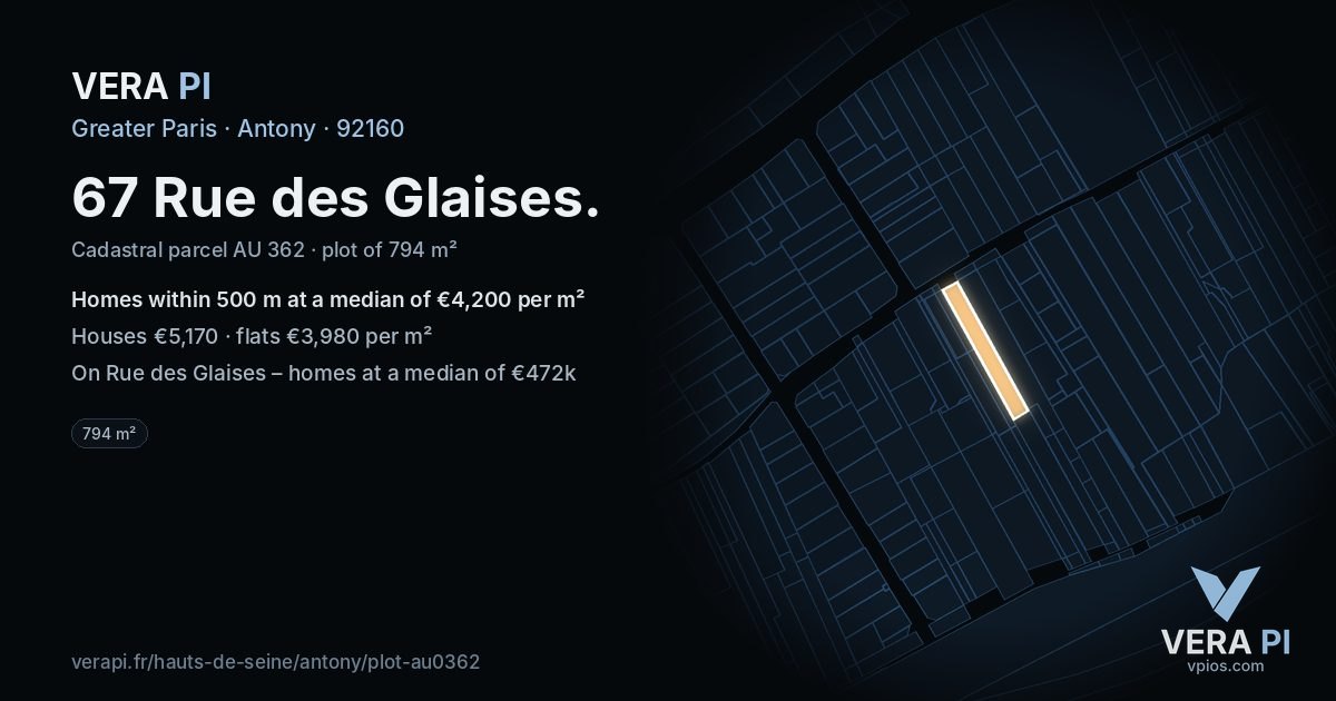 67 Rue des Glaises, Antony at night – the plot lit, the parcels around coloured by the prices near them