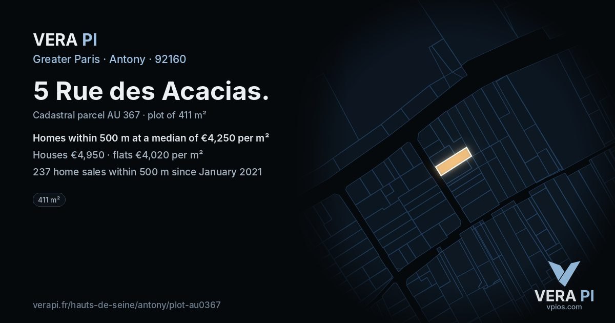5 Rue des Acacias, Antony at night – the plot lit, the parcels around coloured by the prices near them