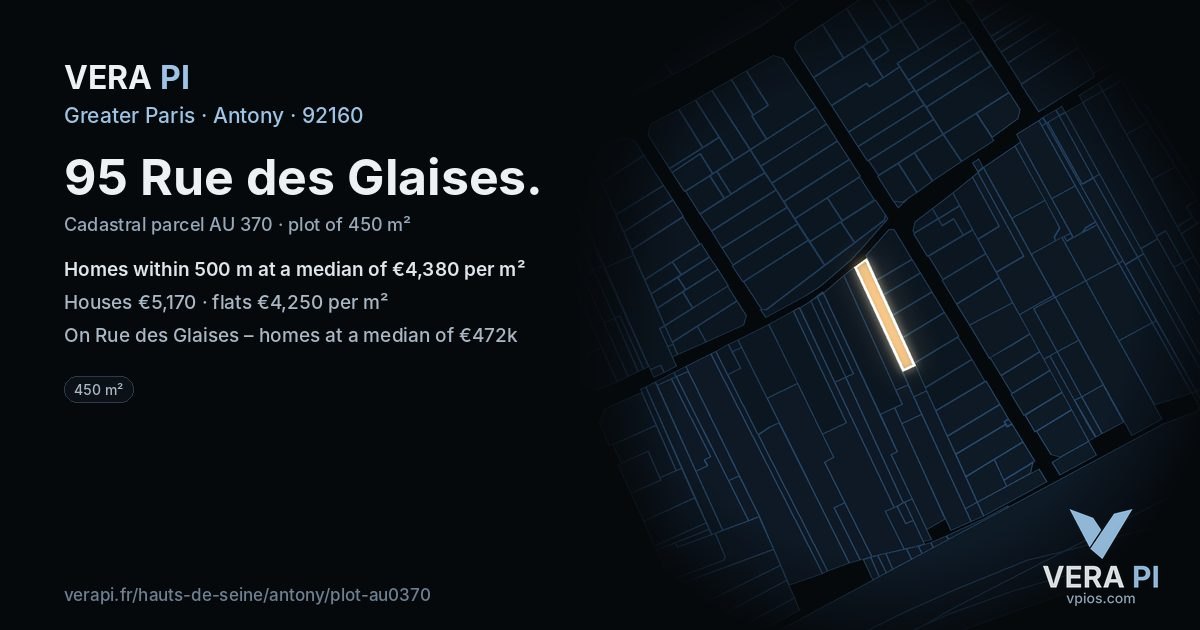 95 Rue des Glaises, Antony at night – the plot lit, the parcels around coloured by the prices near them