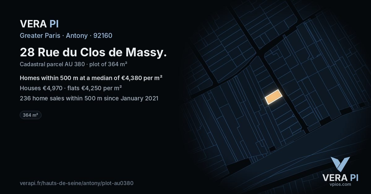 28 Rue du Clos de Massy, Antony at night – the plot lit, the parcels around coloured by the prices near them