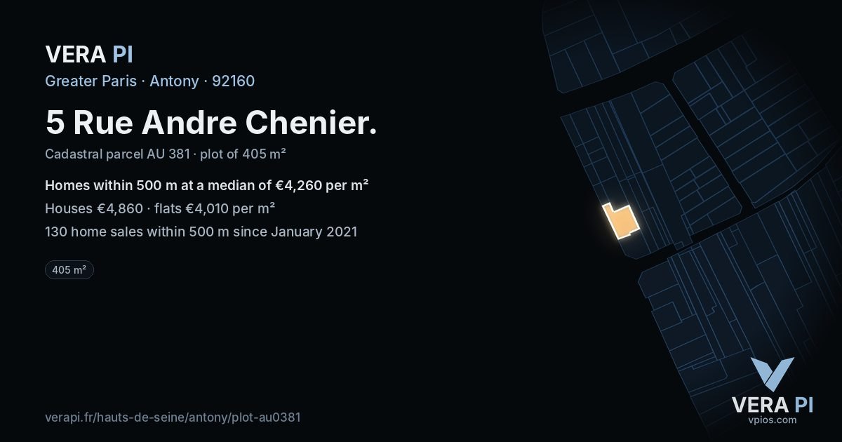 5 Rue Andre Chenier, Antony at night – the plot lit, the parcels around coloured by the prices near them