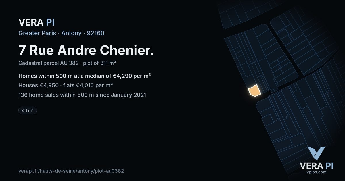 7 Rue Andre Chenier, Antony at night – the plot lit, the parcels around coloured by the prices near them