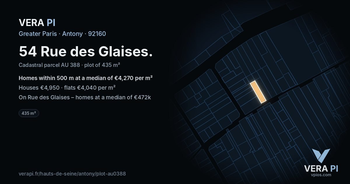 54 Rue des Glaises, Antony at night – the plot lit, the parcels around coloured by the prices near them