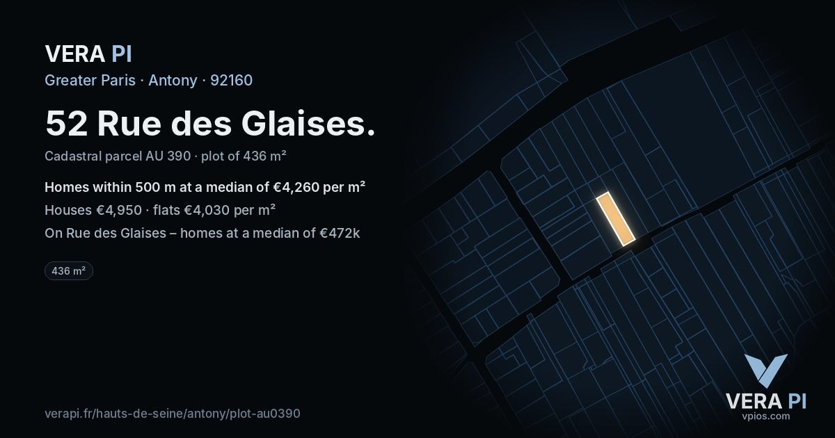52 Rue des Glaises, Antony at night – the plot lit, the parcels around coloured by the prices near them