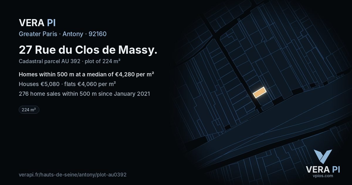 27 Rue du Clos de Massy, Antony at night – the plot lit, the parcels around coloured by the prices near them