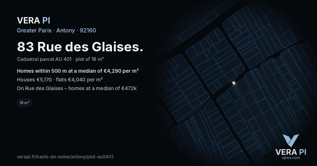 83 Rue des Glaises, Antony at night – the plot lit, the parcels around coloured by the prices near them