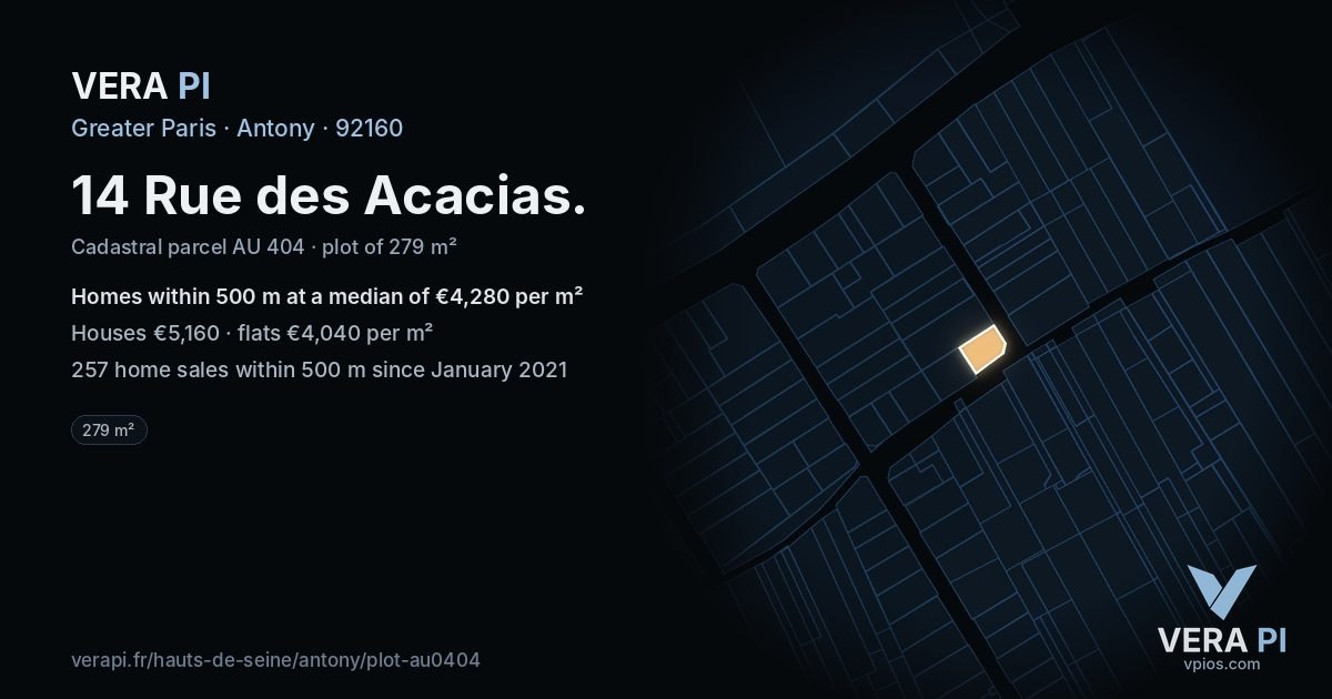 14 Rue des Acacias, Antony at night – the plot lit, the parcels around coloured by the prices near them