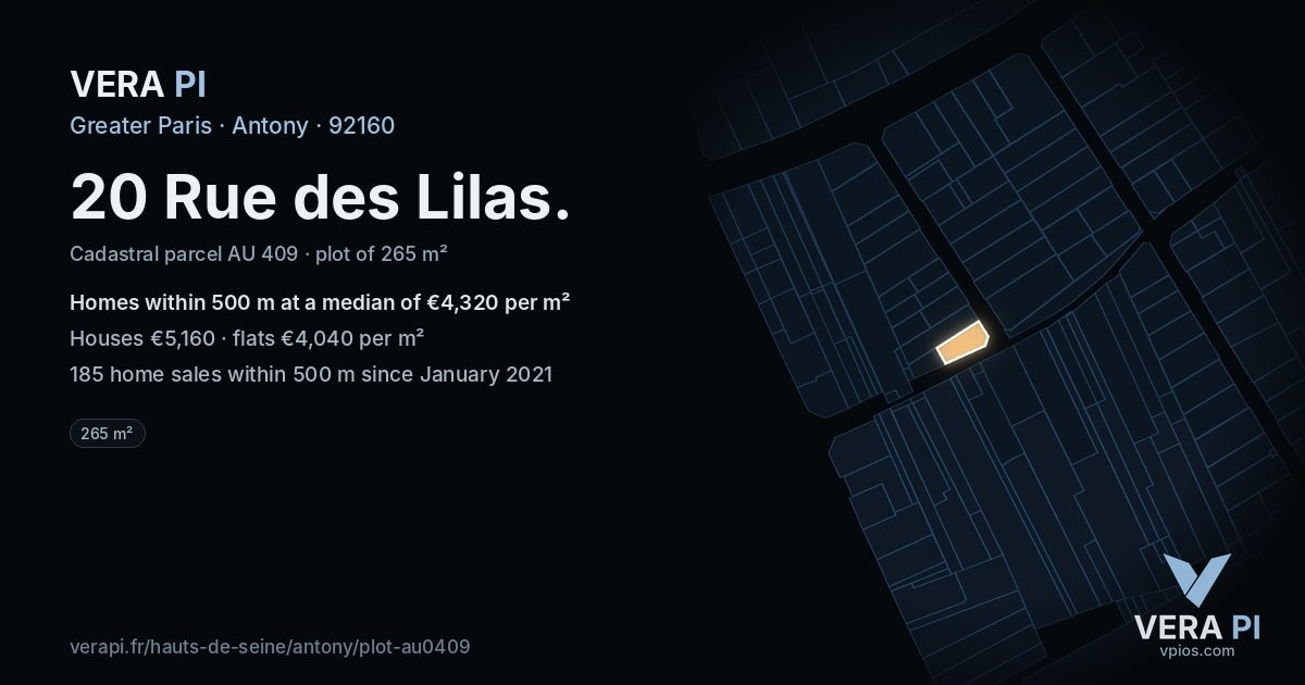 20 Rue des Lilas, Antony at night – the plot lit, the parcels around coloured by the prices near them