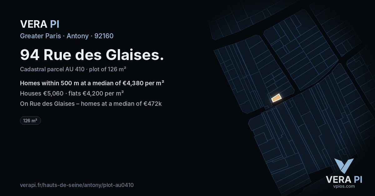 94 Rue des Glaises, Antony at night – the plot lit, the parcels around coloured by the prices near them