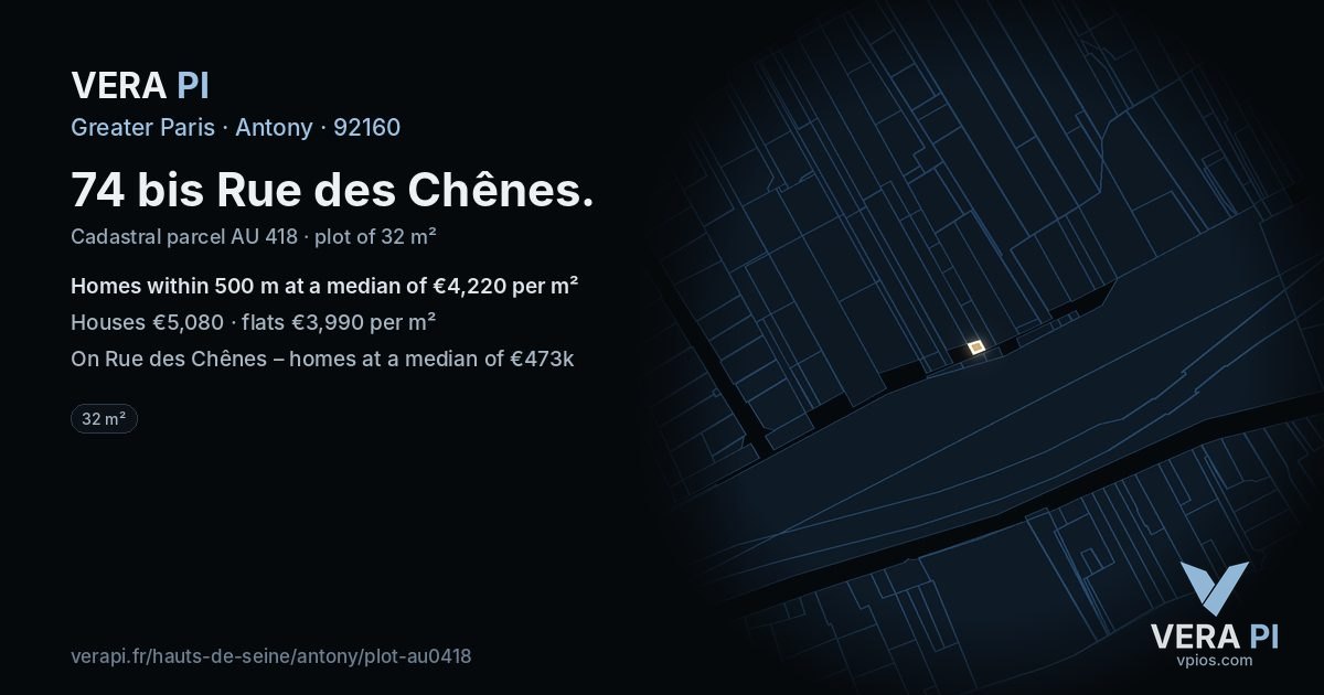 74 bis Rue des Chênes, Antony at night – the plot lit, the parcels around coloured by the prices near them