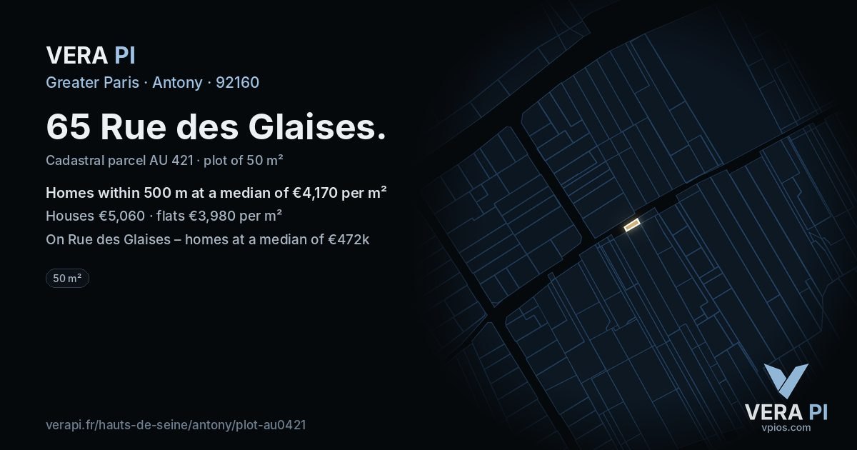 65 Rue des Glaises, Antony at night – the plot lit, the parcels around coloured by the prices near them