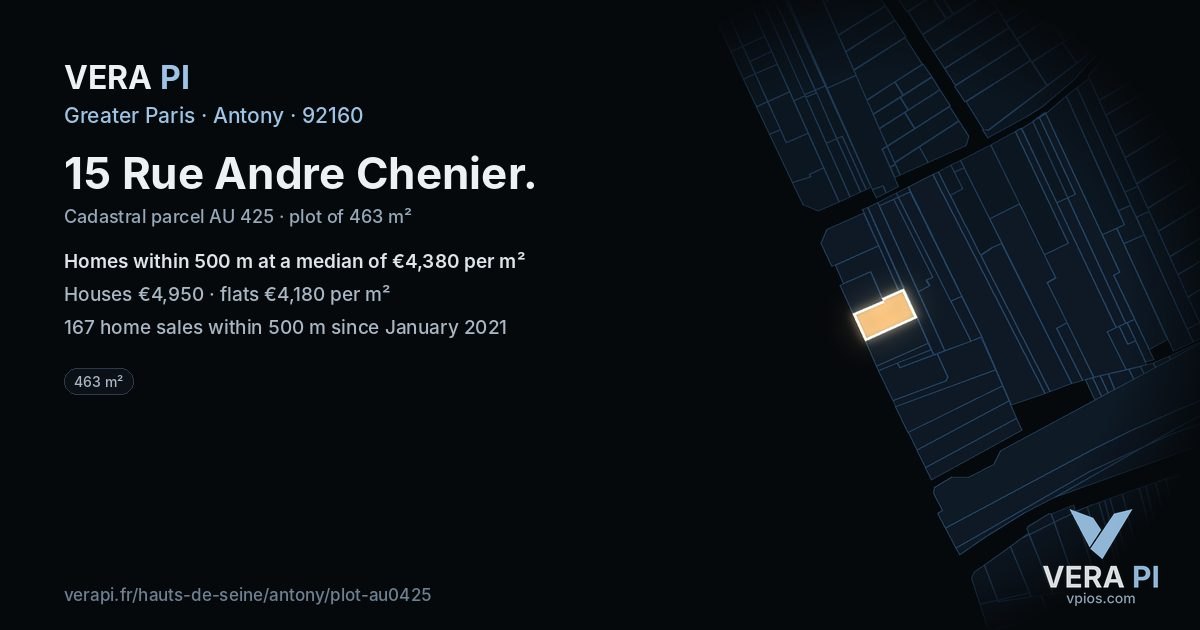 15 Rue Andre Chenier, Antony at night – the plot lit, the parcels around coloured by the prices near them