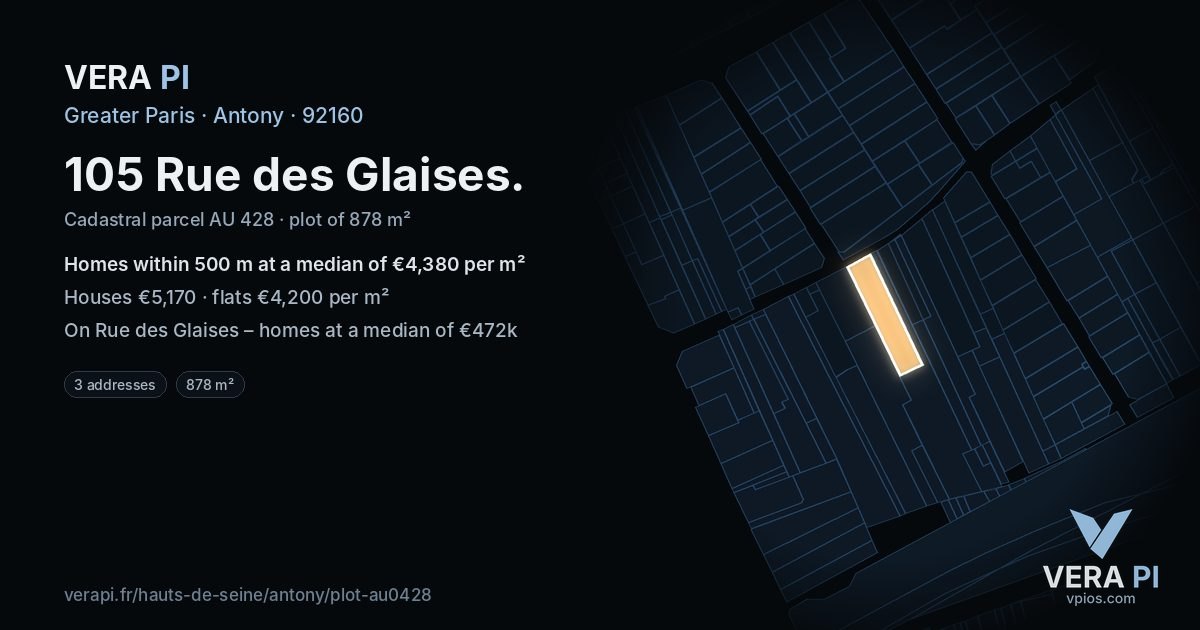 105 Rue des Glaises, Antony at night – the plot lit, the parcels around coloured by the prices near them