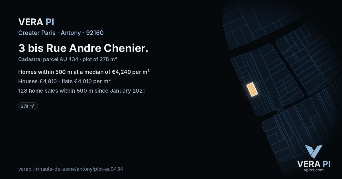 3 bis Rue Andre Chenier, Antony at night – the plot lit, the parcels around coloured by the prices near them