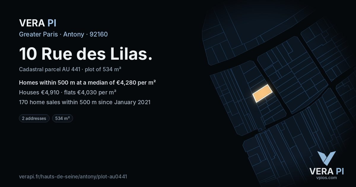 10 Rue des Lilas, Antony at night – the plot lit, the parcels around coloured by the prices near them