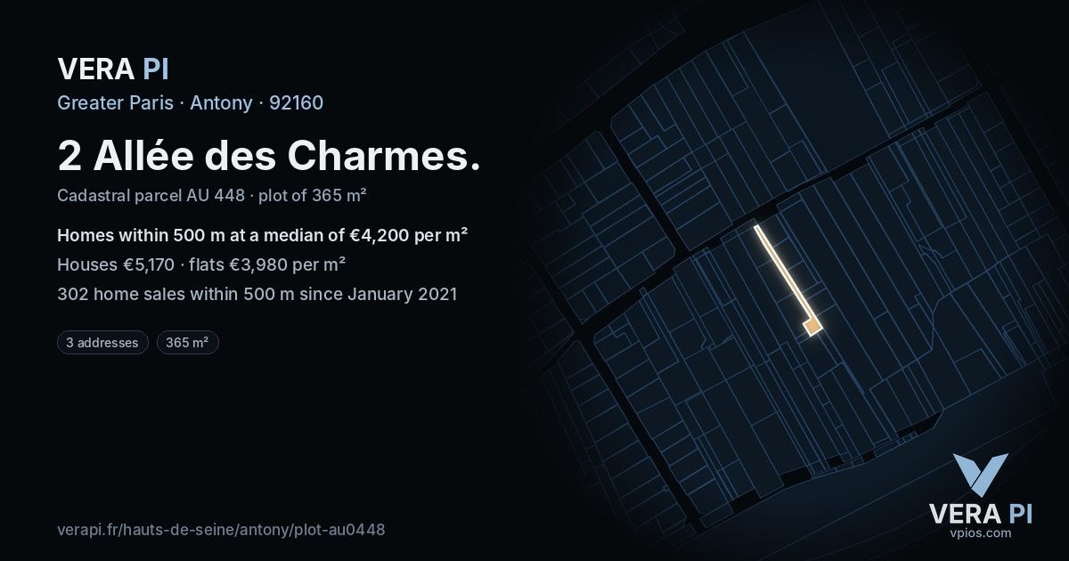2 Allée des Charmes, Antony at night – the plot lit, the parcels around coloured by the prices near them