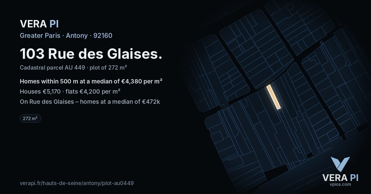 103 Rue des Glaises, Antony at night – the plot lit, the parcels around coloured by the prices near them