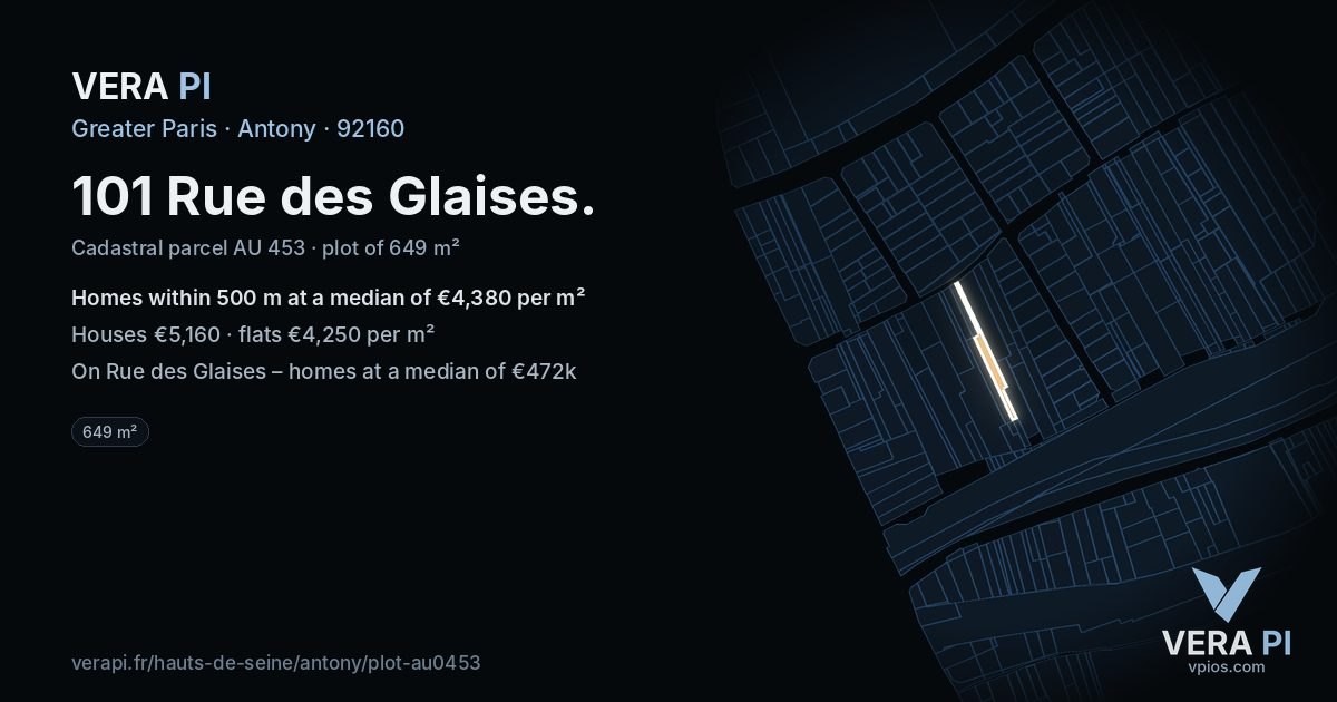101 Rue des Glaises, Antony at night – the plot lit, the parcels around coloured by the prices near them
