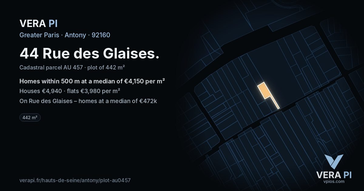 44 Rue des Glaises, Antony at night – the plot lit, the parcels around coloured by the prices near them