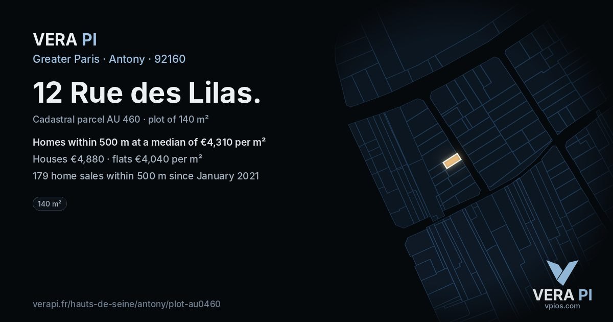 12 Rue des Lilas, Antony at night – the plot lit, the parcels around coloured by the prices near them
