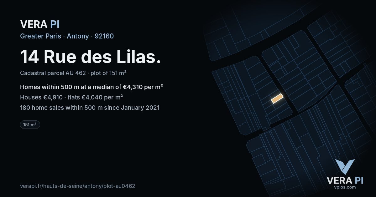 14 Rue des Lilas, Antony at night – the plot lit, the parcels around coloured by the prices near them