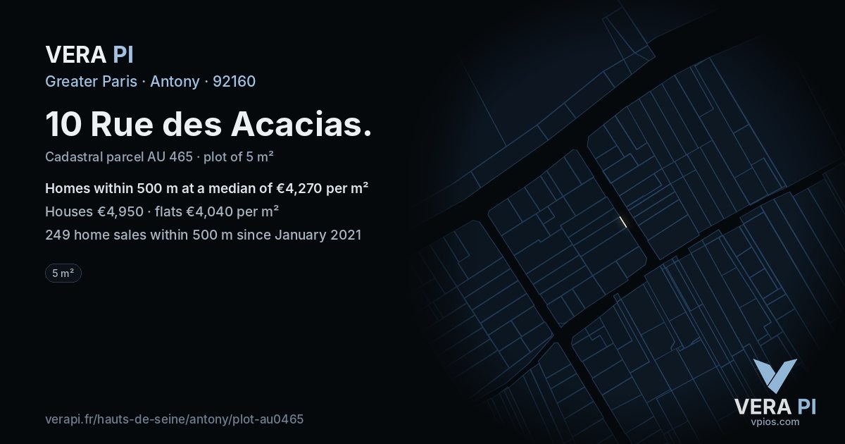 10 Rue des Acacias, Antony at night – the plot lit, the parcels around coloured by the prices near them