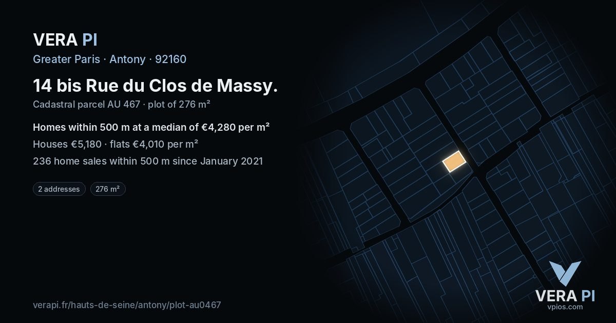 14 bis Rue du Clos de Massy, Antony at night – the plot lit, the parcels around coloured by the prices near them