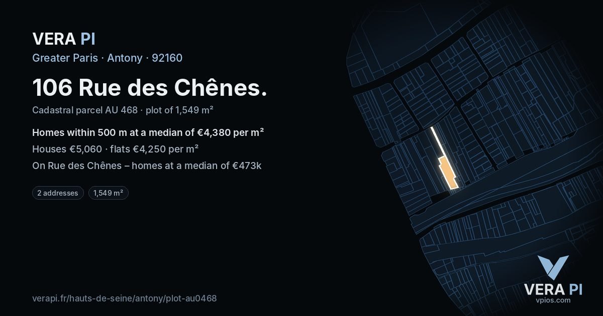 106 Rue des Chênes, Antony at night – the plot lit, the parcels around coloured by the prices near them