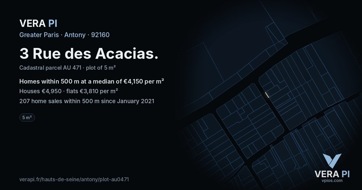 3 Rue des Acacias, Antony at night – the plot lit, the parcels around coloured by the prices near them