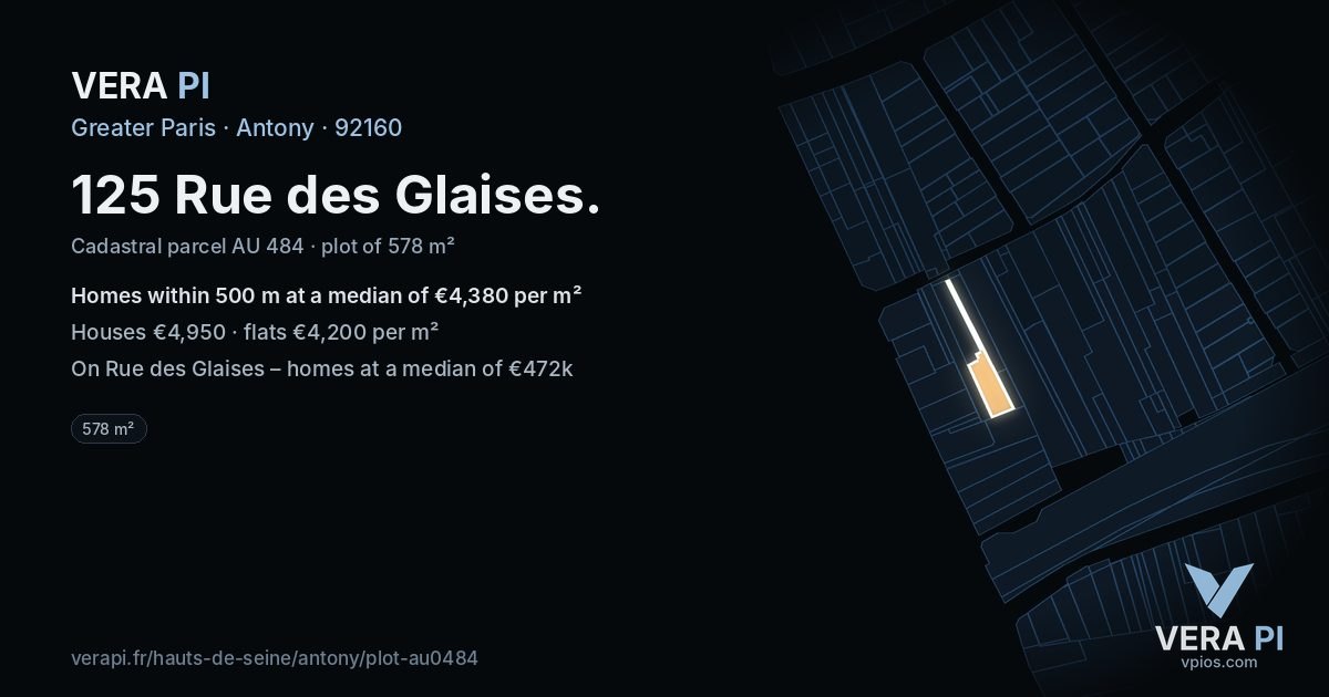 125 Rue des Glaises, Antony at night – the plot lit, the parcels around coloured by the prices near them