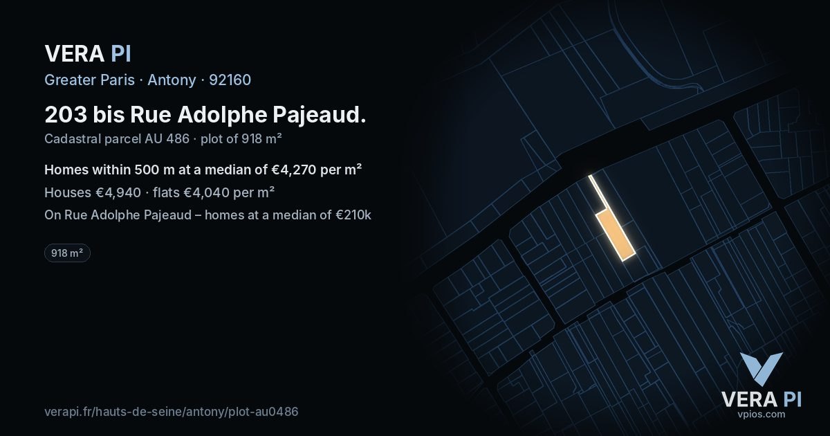 203 bis Rue Adolphe Pajeaud, Antony at night – the plot lit, the parcels around coloured by the prices near them