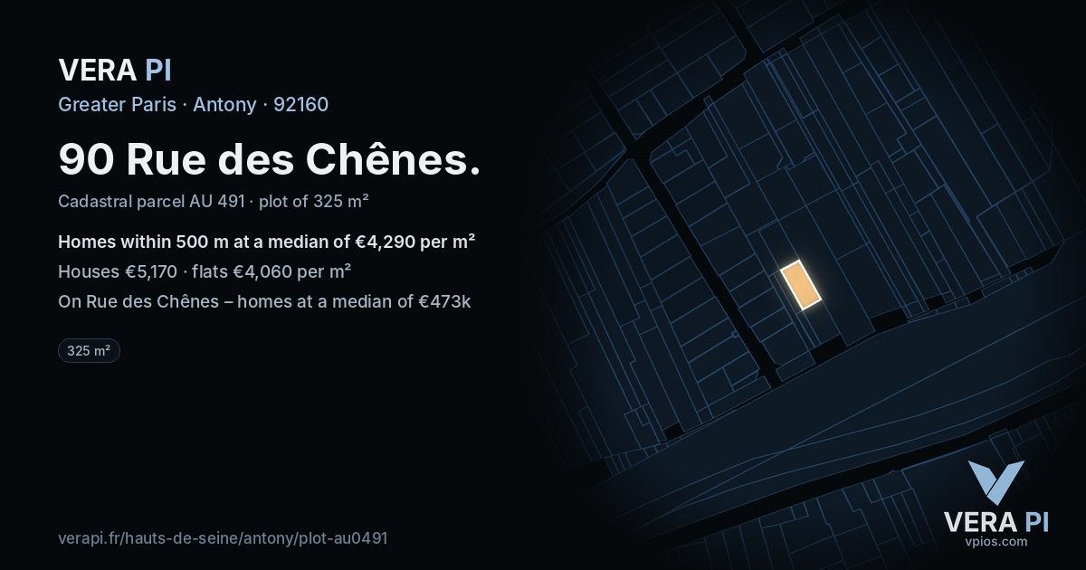 90 Rue des Chênes, Antony at night – the plot lit, the parcels around coloured by the prices near them