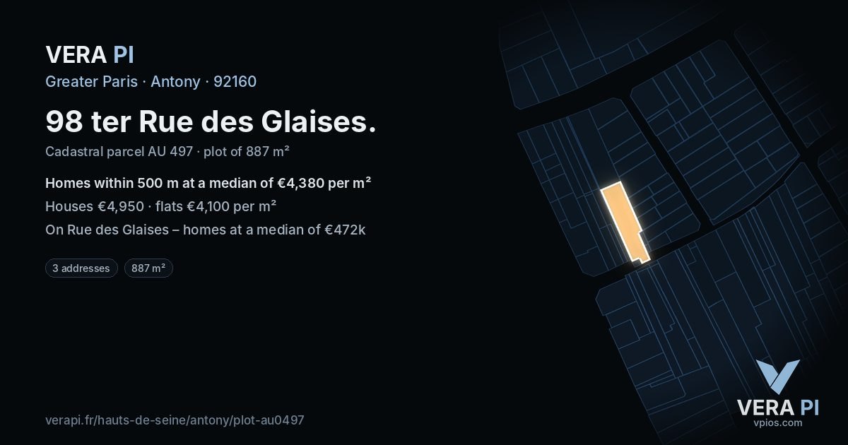 98 ter Rue des Glaises, Antony at night – the plot lit, the parcels around coloured by the prices near them