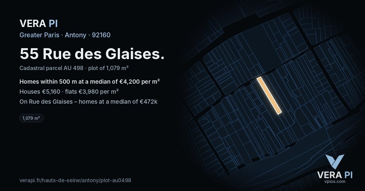 55 Rue des Glaises, Antony at night – the plot lit, the parcels around coloured by the prices near them