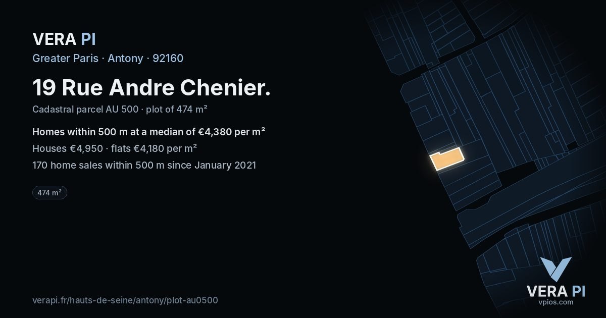 19 Rue Andre Chenier, Antony at night – the plot lit, the parcels around coloured by the prices near them