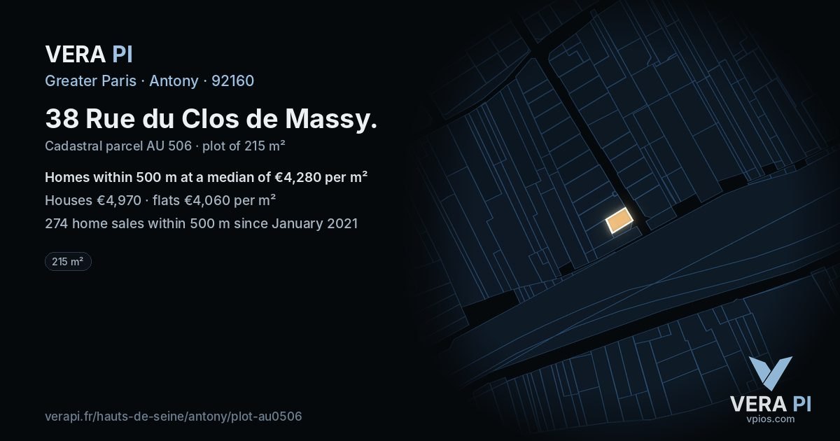 38 Rue du Clos de Massy, Antony at night – the plot lit, the parcels around coloured by the prices near them