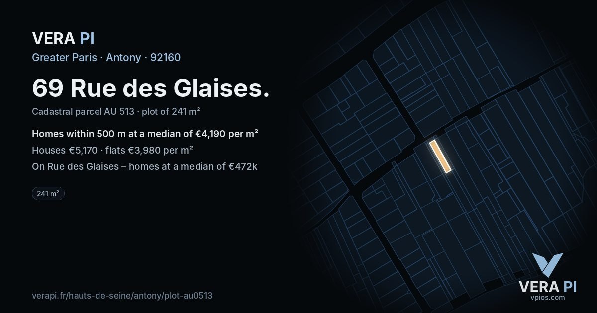 69 Rue des Glaises, Antony at night – the plot lit, the parcels around coloured by the prices near them