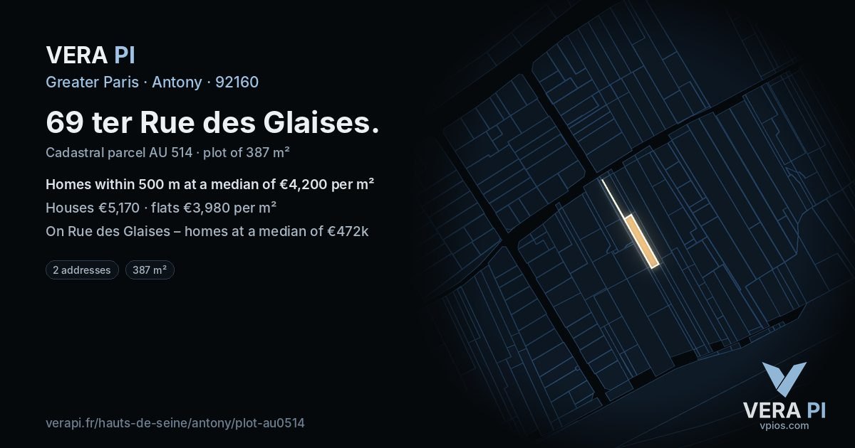 69 ter Rue des Glaises, Antony at night – the plot lit, the parcels around coloured by the prices near them