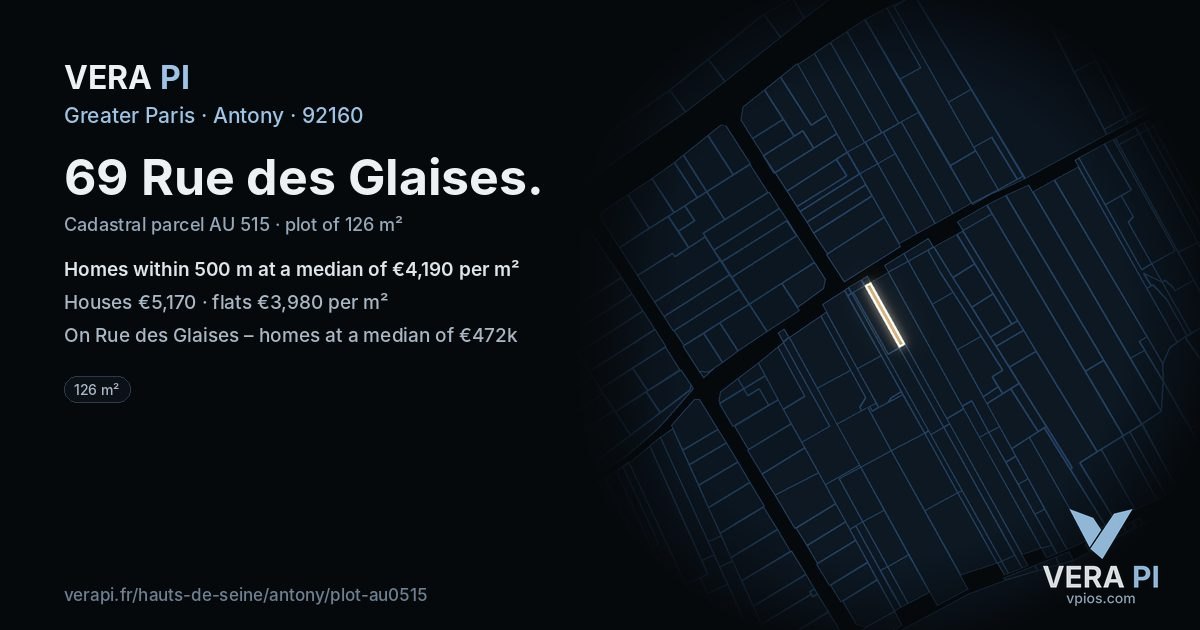 69 Rue des Glaises, Antony at night – the plot lit, the parcels around coloured by the prices near them