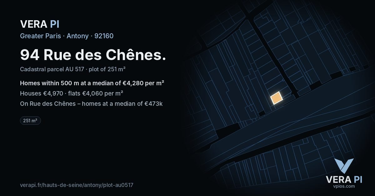 94 Rue des Chênes, Antony at night – the plot lit, the parcels around coloured by the prices near them