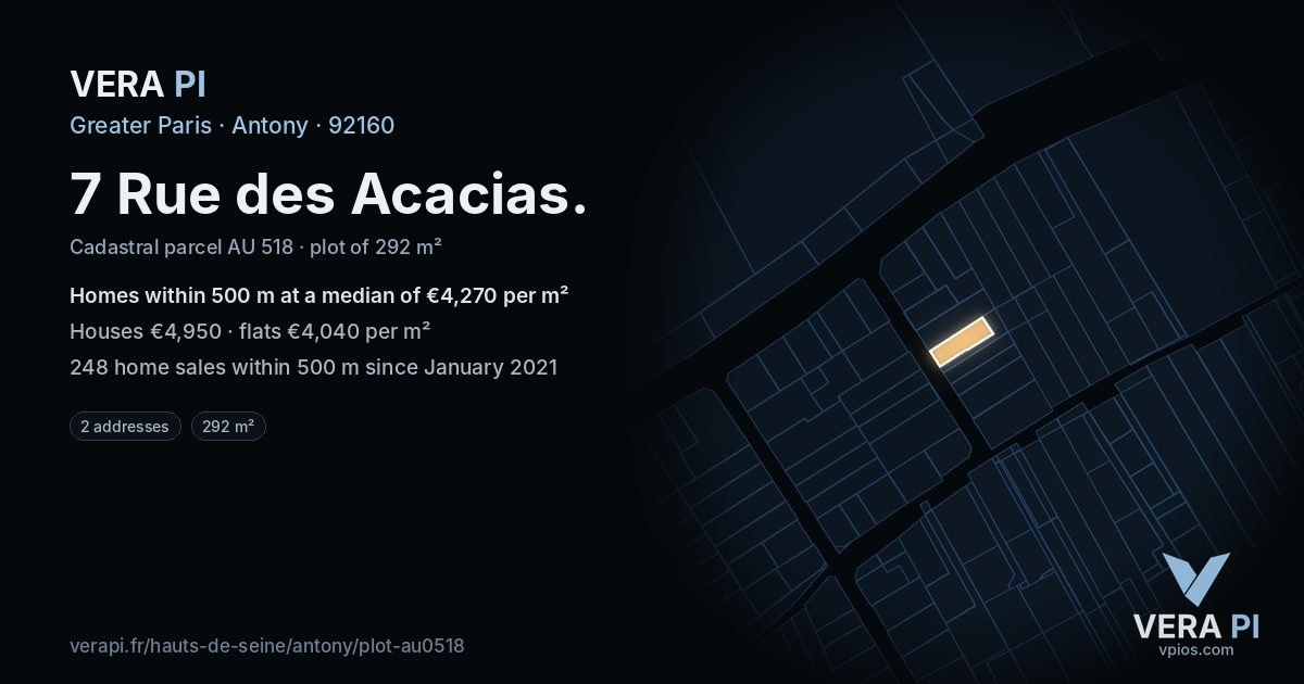 7 Rue des Acacias, Antony at night – the plot lit, the parcels around coloured by the prices near them