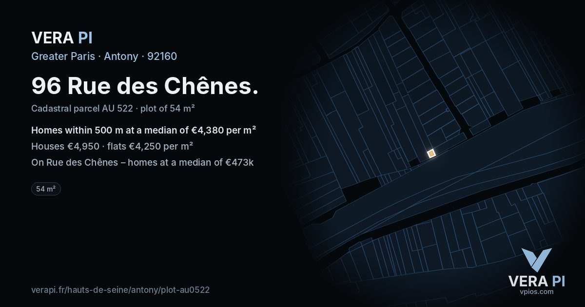 96 Rue des Chênes, Antony at night – the plot lit, the parcels around coloured by the prices near them