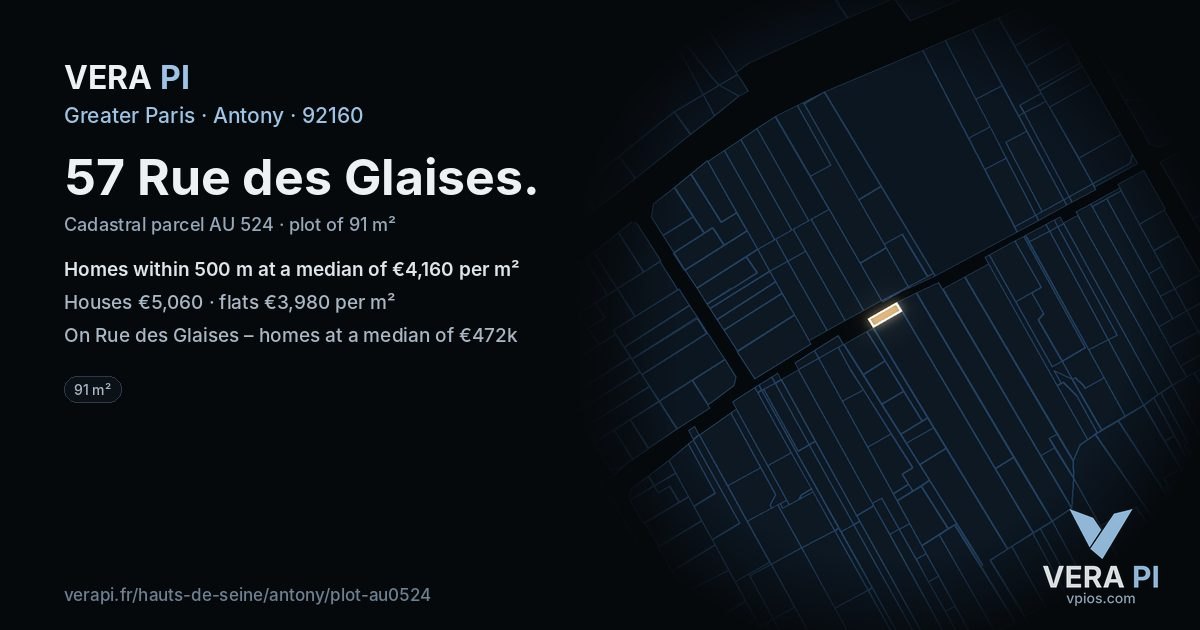 57 Rue des Glaises, Antony at night – the plot lit, the parcels around coloured by the prices near them
