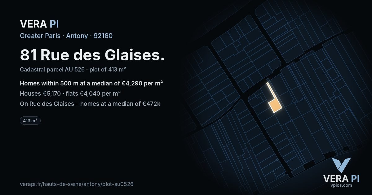 81 Rue des Glaises, Antony at night – the plot lit, the parcels around coloured by the prices near them