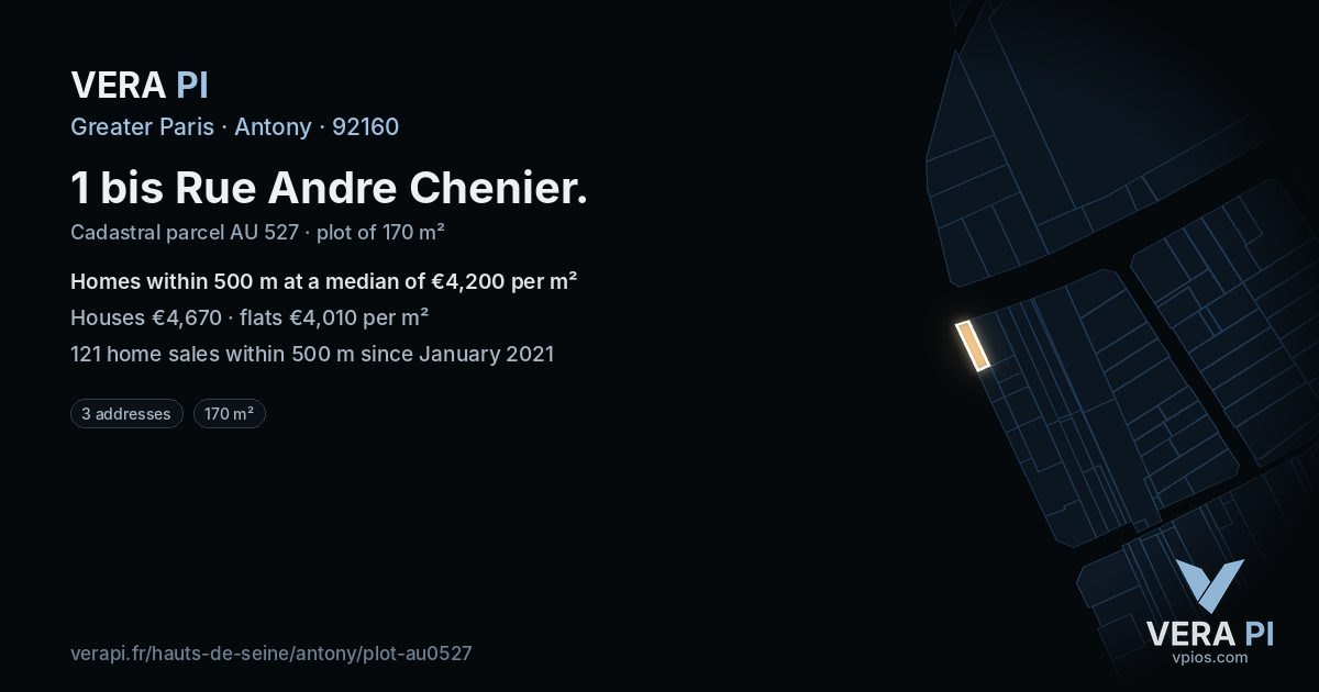 1 bis Rue Andre Chenier, Antony at night – the plot lit, the parcels around coloured by the prices near them