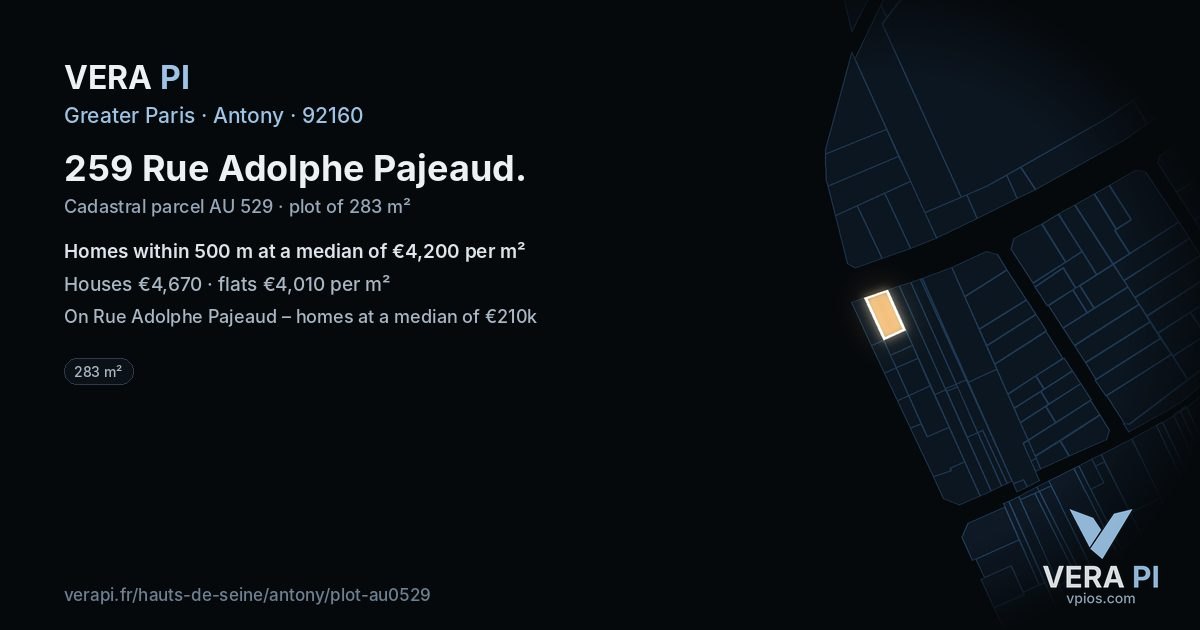 259 Rue Adolphe Pajeaud, Antony at night – the plot lit, the parcels around coloured by the prices near them